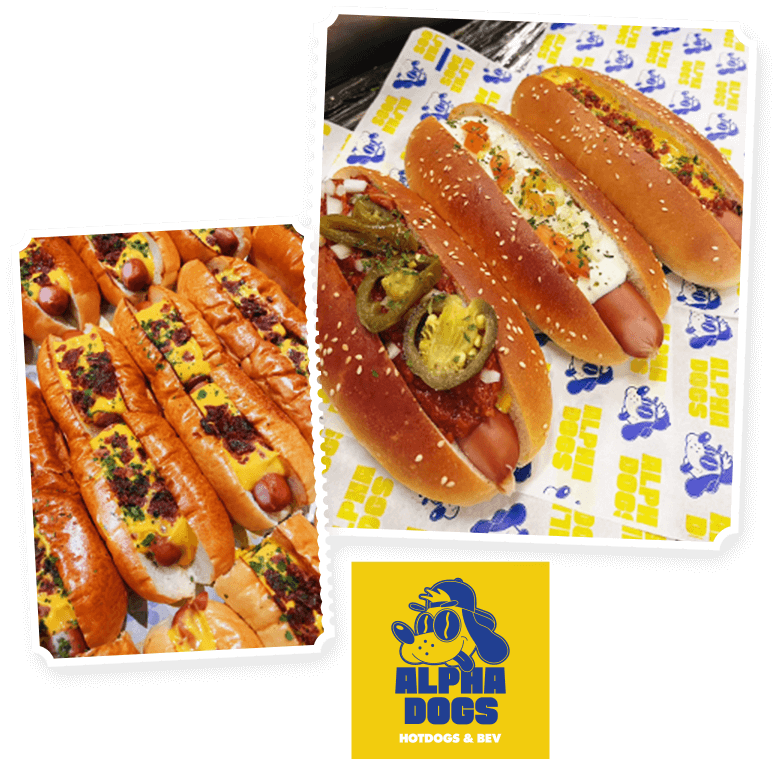 ALPHA-DOGS_「Hot Dog」是美式餐飲文化中最典型的國民美食，也是赤峰街熱狗堡專賣店ALPHA DOGS亟欲推廣的拿手招牌，復古又討喜的藍黃色調從店面空間一路貫穿到包裝紙袋、飲料杯等製作物的設計細節，令人沈浸在濃厚的美式校園感之中，ALPHA DOGS就是要讓大家好好體驗美式餐廳特有的青春活潑氛圍！